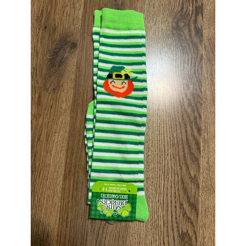 Greenbrier Crew Socks Women Size 5-9 Green Stripe Leprechaun Saint Patricks
